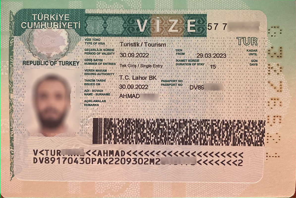 Turkey tourist visa sample