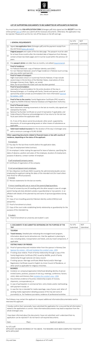 List of documents required to apply for norway visa from pakistan