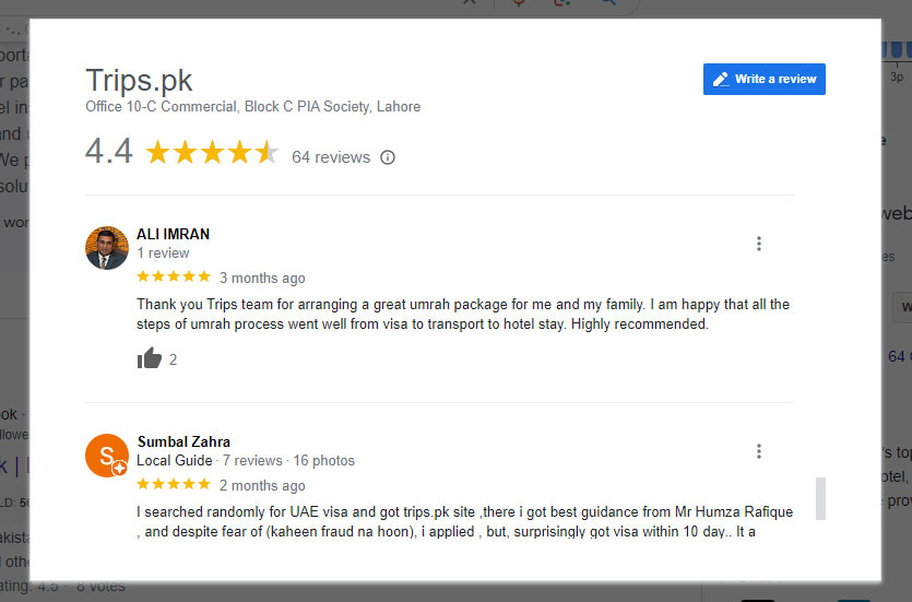 Mr. Ali Imran shares his feedback about umrah package from Trips.pk. The review is available online on Google.