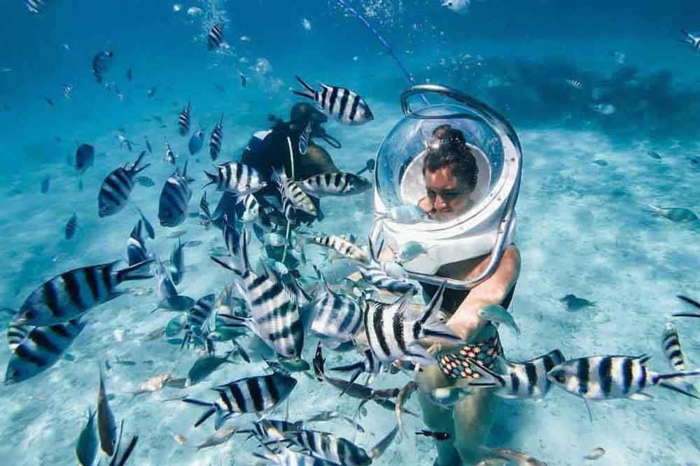 A person underwater wearing a helmet-style diving suit is surrounded by a school of striped fish in clear turquoise water, evoking a sense of adventure and wonder.