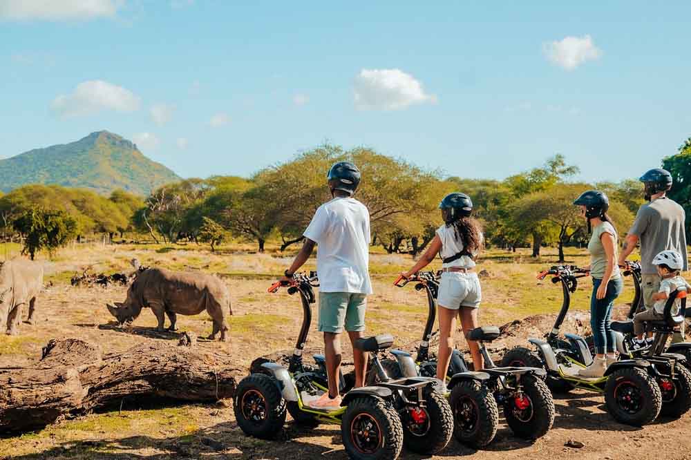 A group on off-road scooters wearing helmets observes rhinos in a grassy landscape with trees and a mountain. The scene conveys adventure and awe.
