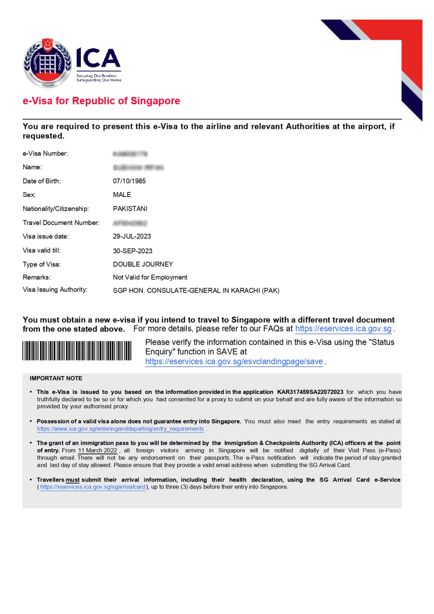 singapore tourist visa fees from pakistan